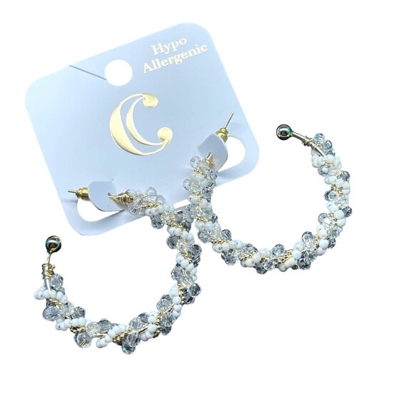 Charming Charlie, Hypoallergenic Crystal & Pearl Hoop Earrings Gold Tone 1.5 Inc - Picture 4 of 6